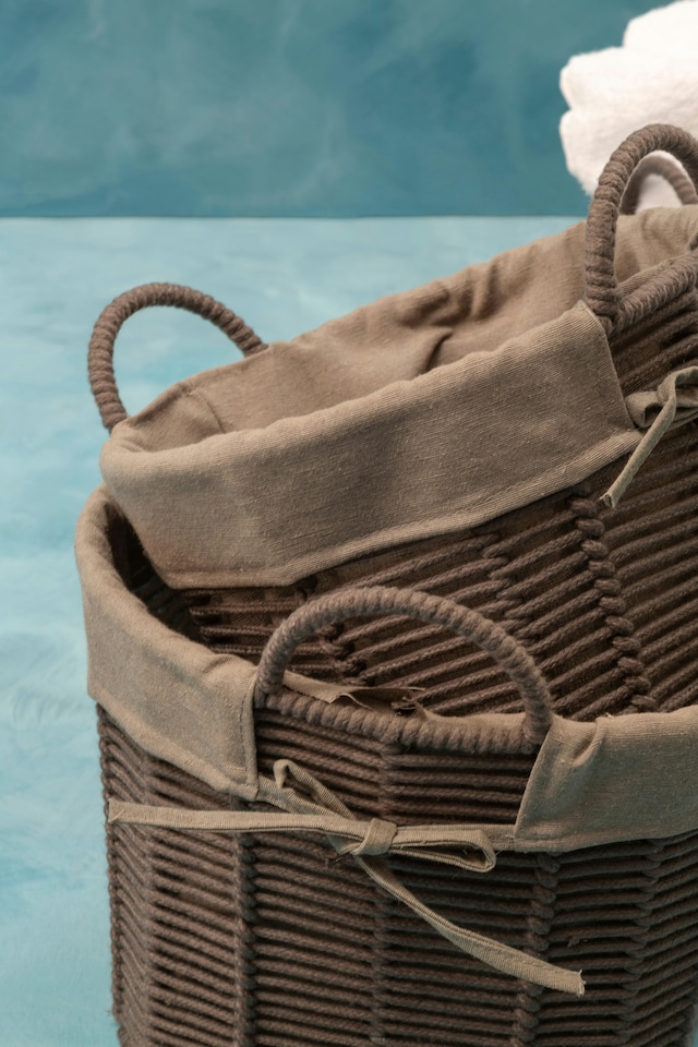 image 1 of Orsina Set Of Three Grey Round Storage Baskets, Cotton Rope Basket With Liner For Laundry, Wire Frame Baskets
