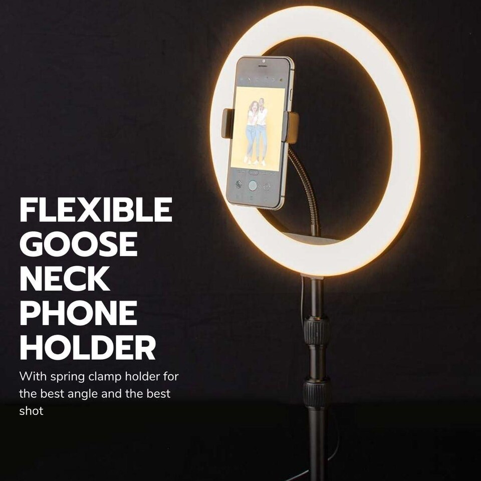 image 1 of Nedis Ring Light, 10" LED Ring Lamp with 120 LEDs on Aluminium Table Stand, USB Powered, with Flexible Phone Holder, 10 Light Modes