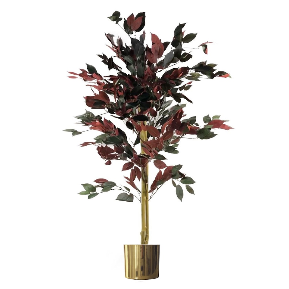 image 1 of 120cm (4ft) Artificial Dark Red Green Ficus Plant - Gold Planter | Red | 4ft