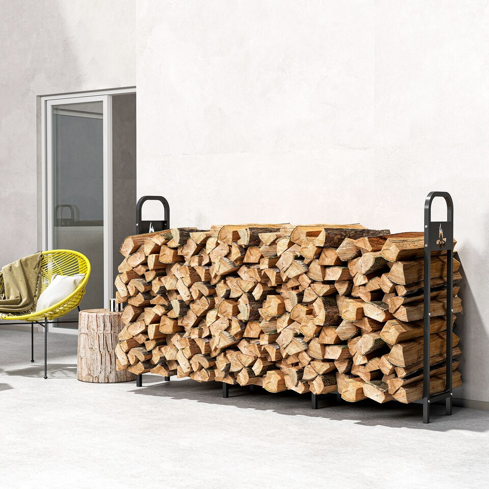 image 1 of Outsunny 6.5 FT Steel Firewood Log Rack with 300 kg Capacity, Heavy Duty Indoor Outdoor Fireplace Wood Storage Shelf, Log Holder/Stand with Extra Support Legs, Decorative Bonfire Pattern, Black