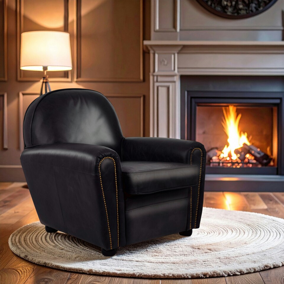 image 1 of Black Leather Classic Armchair,Leather Upholstered Ocassional Chair,Metallic Black Seat With Brass Studs Black