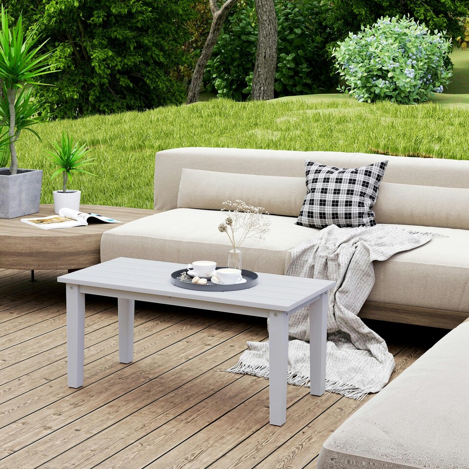 image 1 of Outsunny HDPE Rectangle Garden Coffee Table, Slatted Outdoor Table White | White