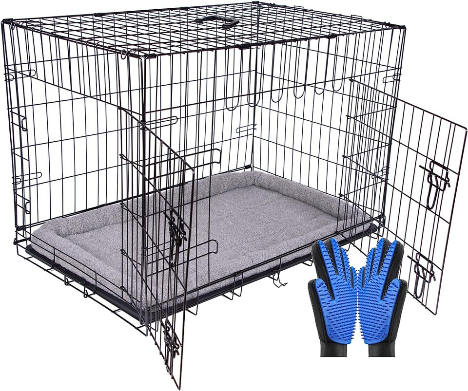 image 1 of Pretty Pooch Dog Crate Medium Cage Puppy Cat Pet Training Tray and Bed With Two Gloves