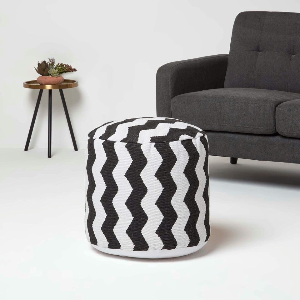 image 1 of Homescapes Circular Cube Bean Footstool with Black and White Chevron Pattern