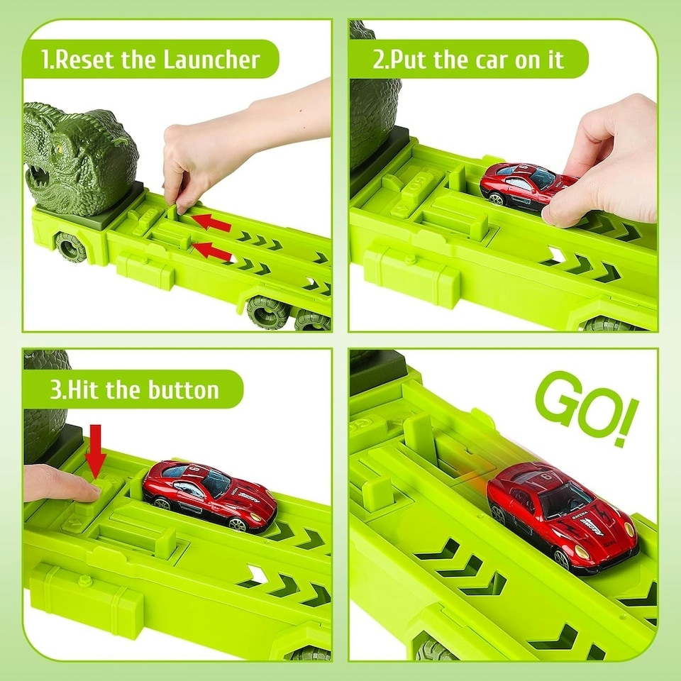 image 1 of Portable Dinosaur Race Track Truck Toy Car Transport Carrier Play Set with 6 Racing Cars – Educational and Storage Toy for Kids