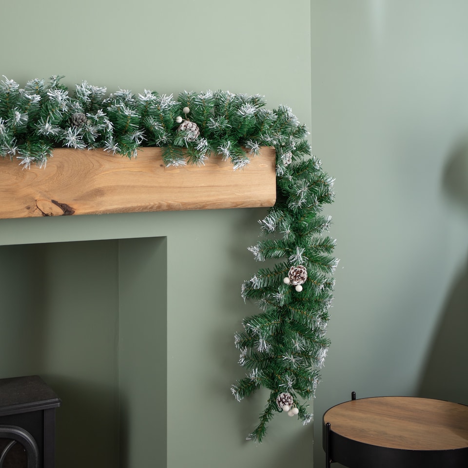 image 1 of Premier 270cm (9ft) Christmas Garland Decoration Snow Tips White Berries & Cones