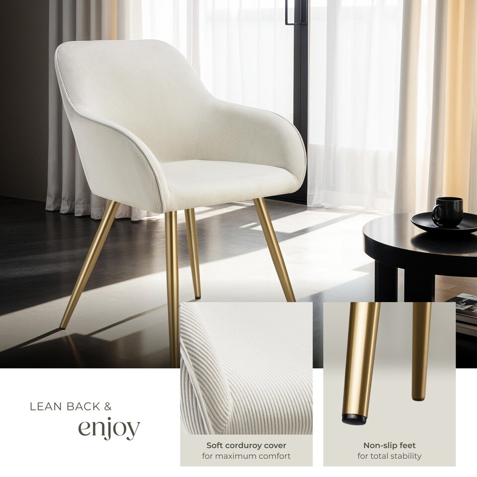 image 1 of Dining Chair Marilyn - corduroy look, upholstered, armchair, continuous backrest | Cream | cream/gold | 4