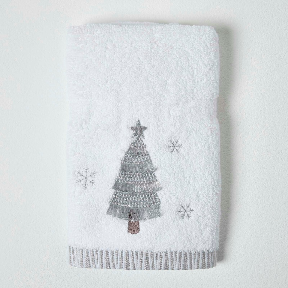 image 1 of Homescapes Silver Christmas Tree Embroidered 100% Cotton Hand Towel | Multi