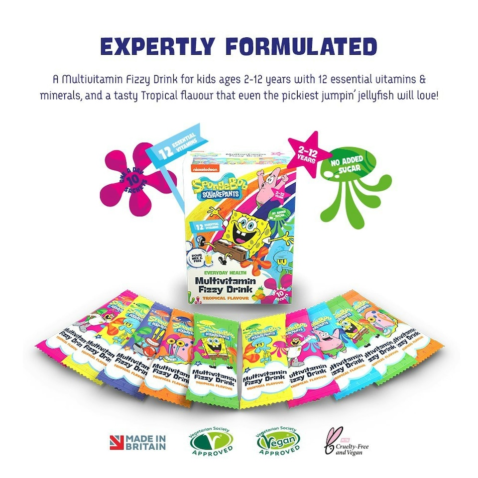 image 1 of SpongeBob Multivitamin Fizzy Drink, 10 Sachets, 12 Vitamins