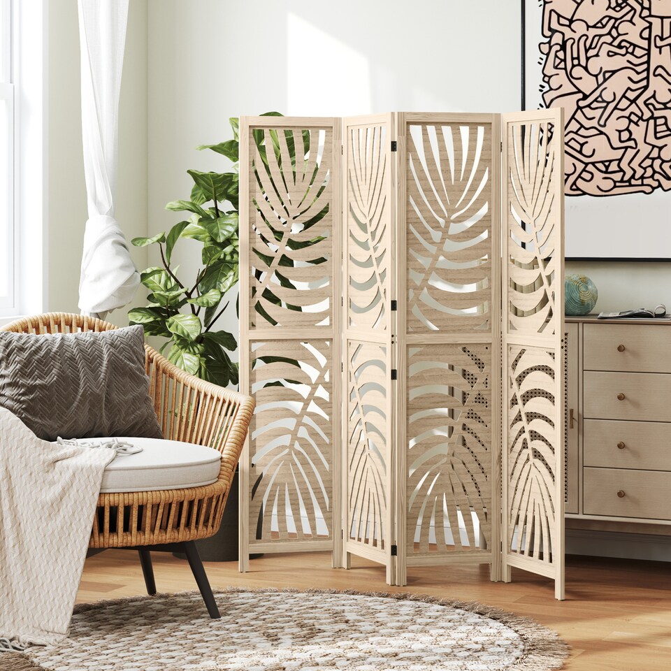 image 1 of HOMCOM 4 Panel Privacy Screens with Palm Leaf Design, Natural Wood Finish