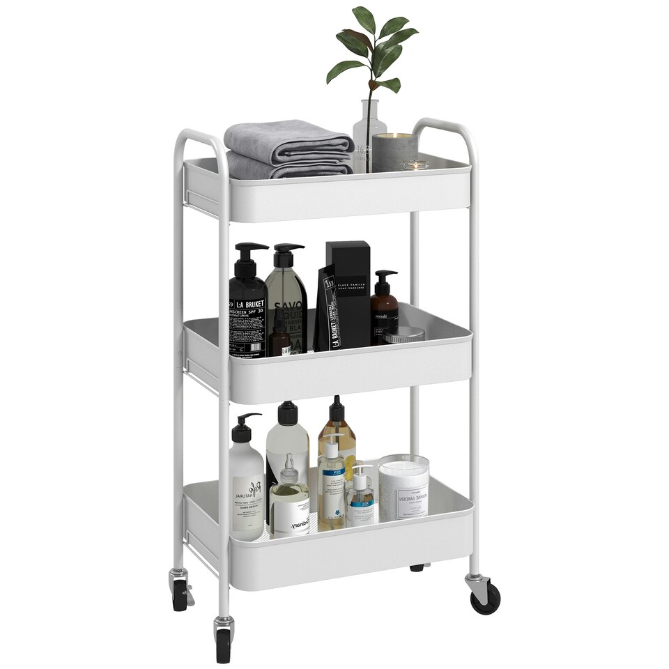 image 1 of HOMCOM 3 Tier Rolling Utility Cart with 3 Mesh Basket, White