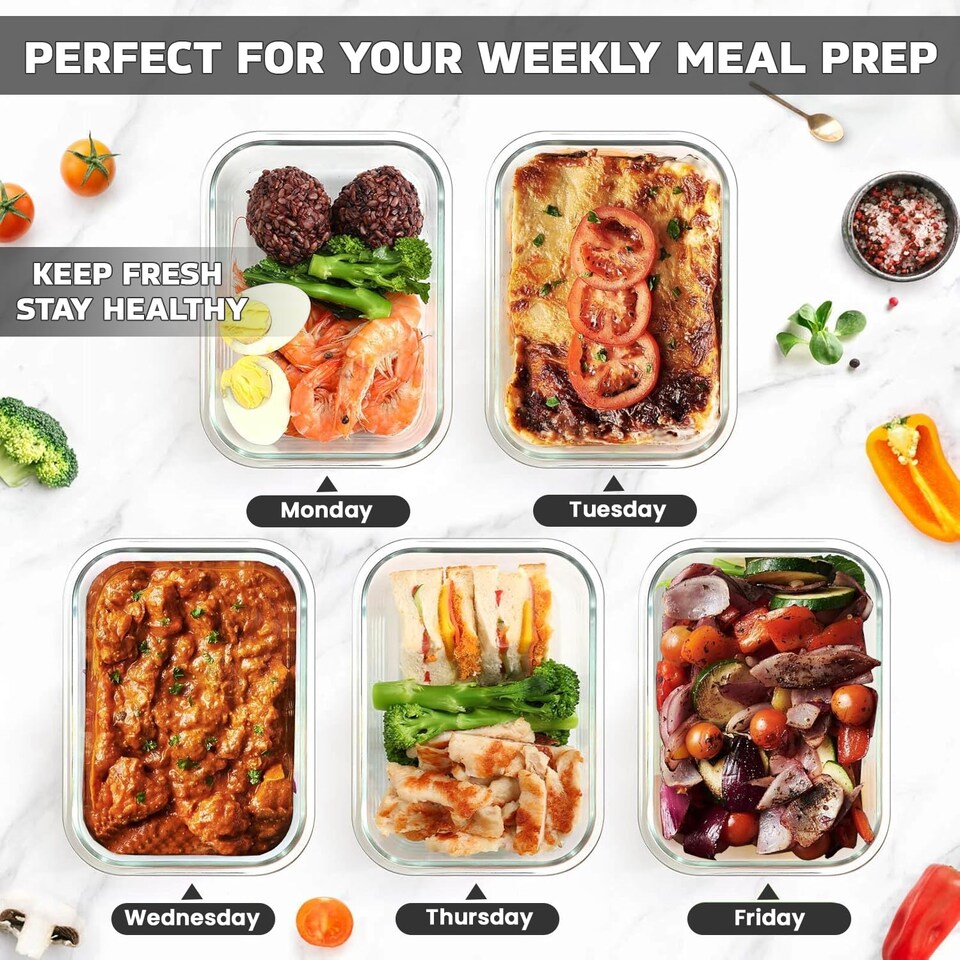 image 1 of 380ml Meal Prep Glass Containers with Airtight Lids Clip Lock Takeaway Containers Pack 4