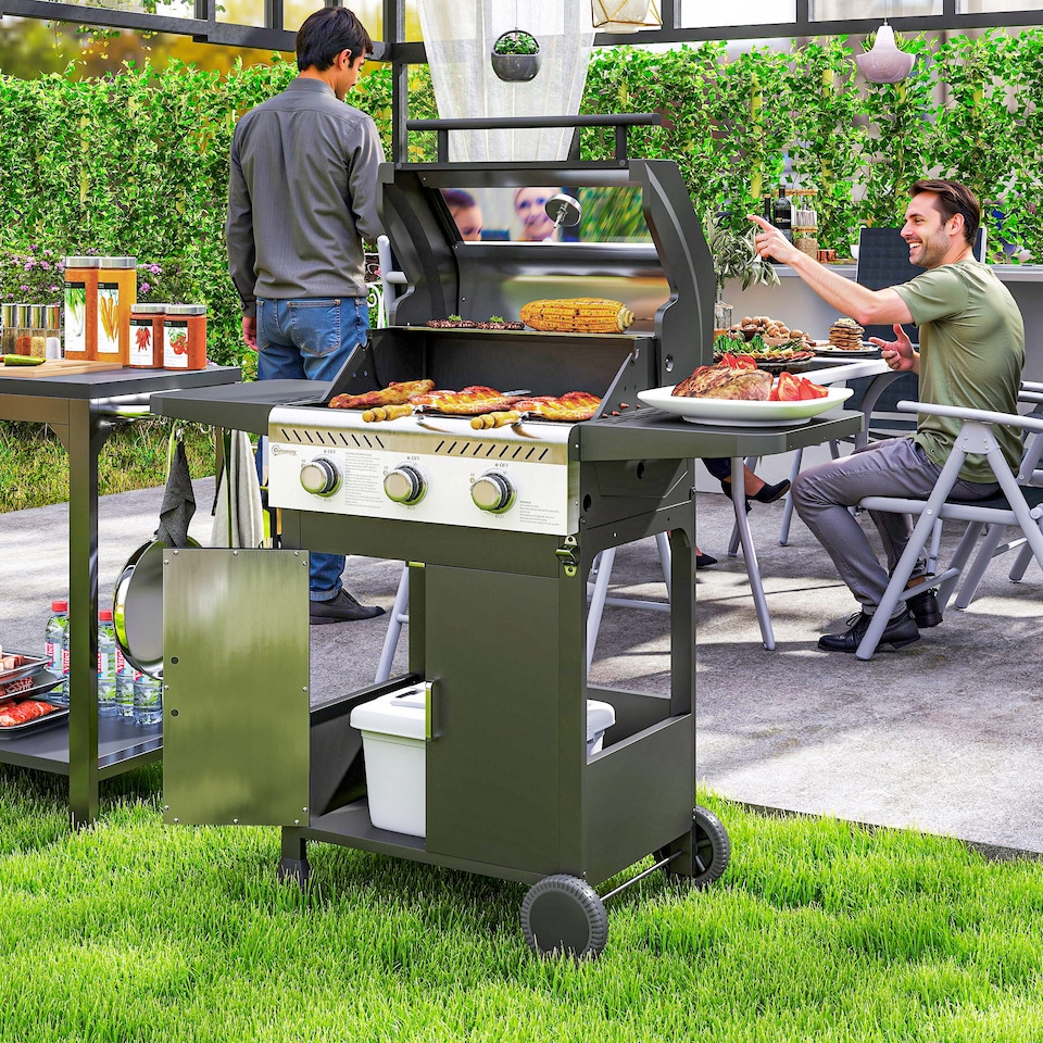 image 1 of Outsunny 3 Burner Propane Gas BBQ Grill with See-through Lid and Thermometer