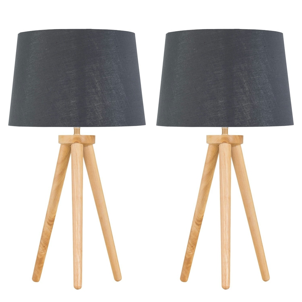 image 1 of Set of 2 Light Oak Table Lamp or Bedside Lights with Grey Silver Shade | Brown | Grey | Large | 2