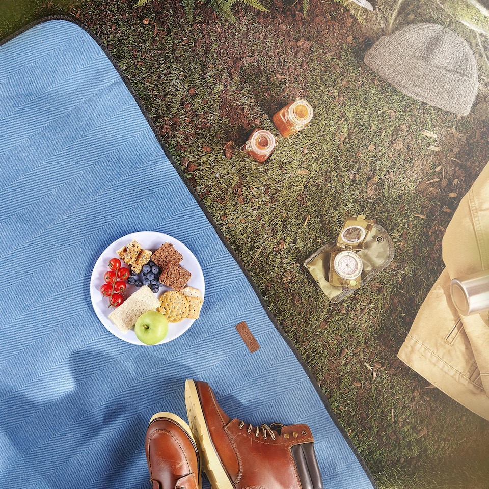 image 1 of VonShef Picnic Blanket, Blue Herringbone for Outdoors