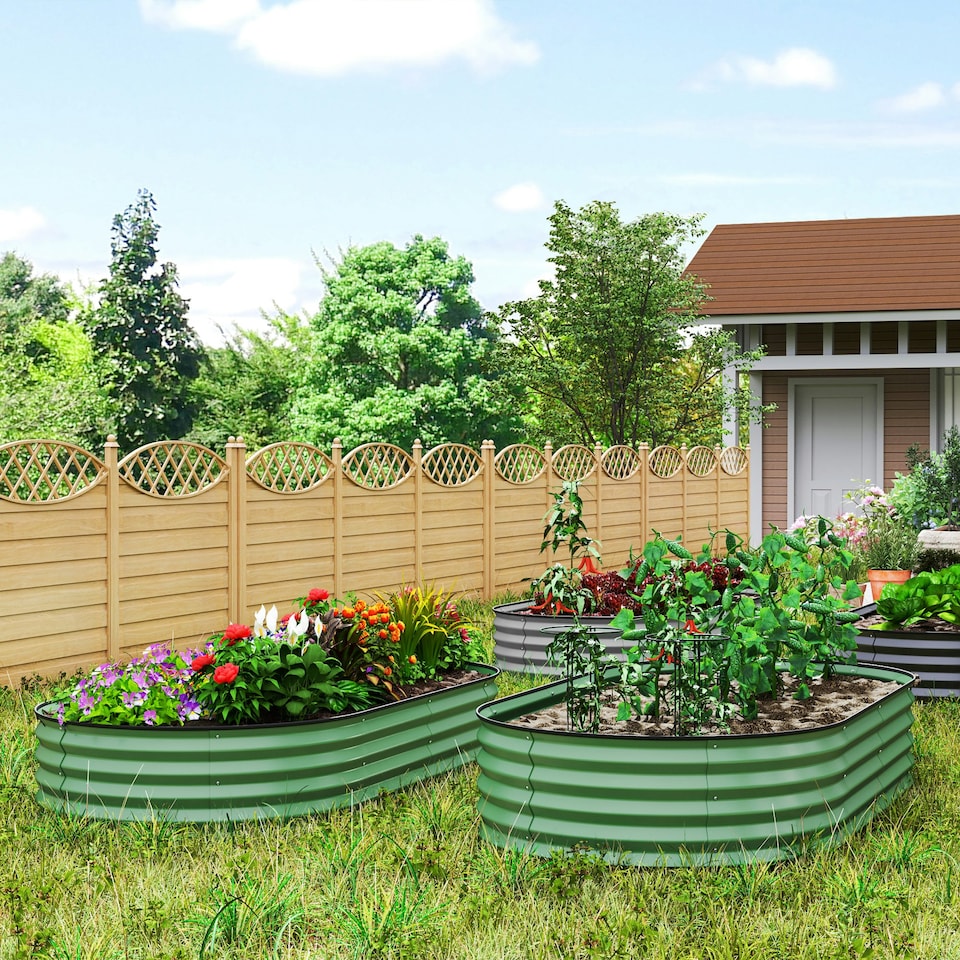 image 1 of Outsunny Set of 2 Raised Beds for Garden with Metal Plant Stakes