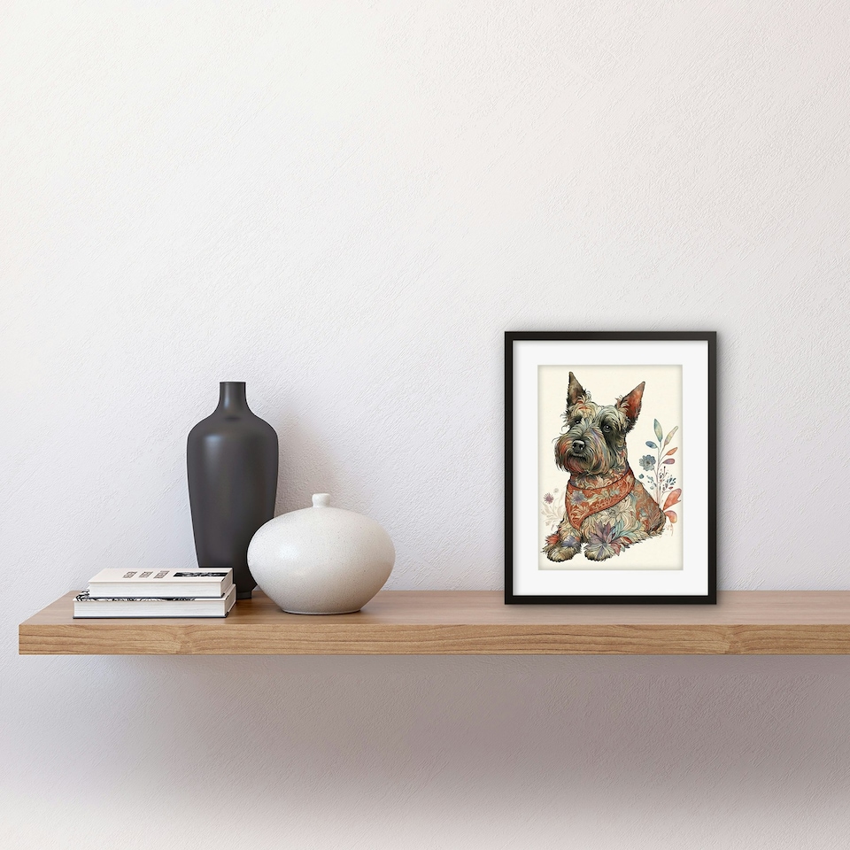 image 1 of Scottish Terrier Dog Flower Pattern Fur Coat 9x7" Black Framed Wall Art Print