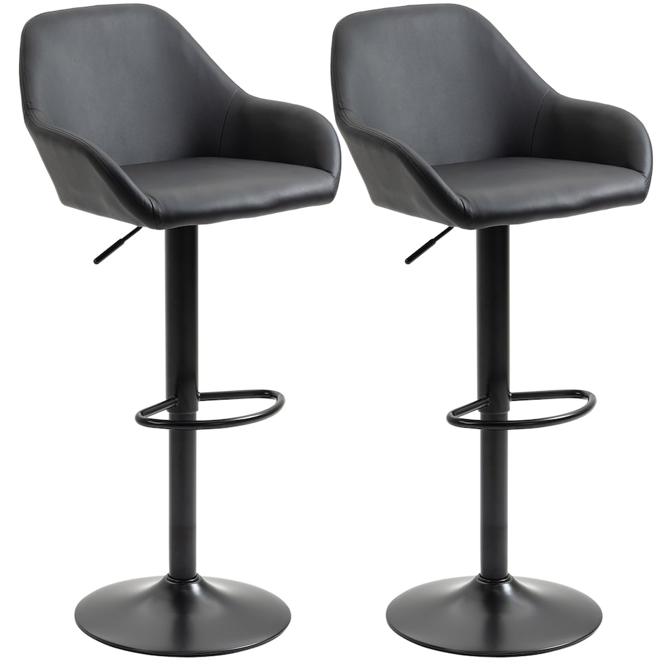 image 1 of HOMCOM Bar Stools Set of 2, Height Adjustable Swivel Barstools, PU Leather Kitchen Stools with Backs, Armrests and Footrest for Home, Counter and Dining Room, Black