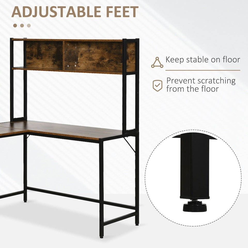 image 1 of HOMCOM Industrial L-Shaped Work Desk & Storage Shelf Steel Frame Adjustable Feet