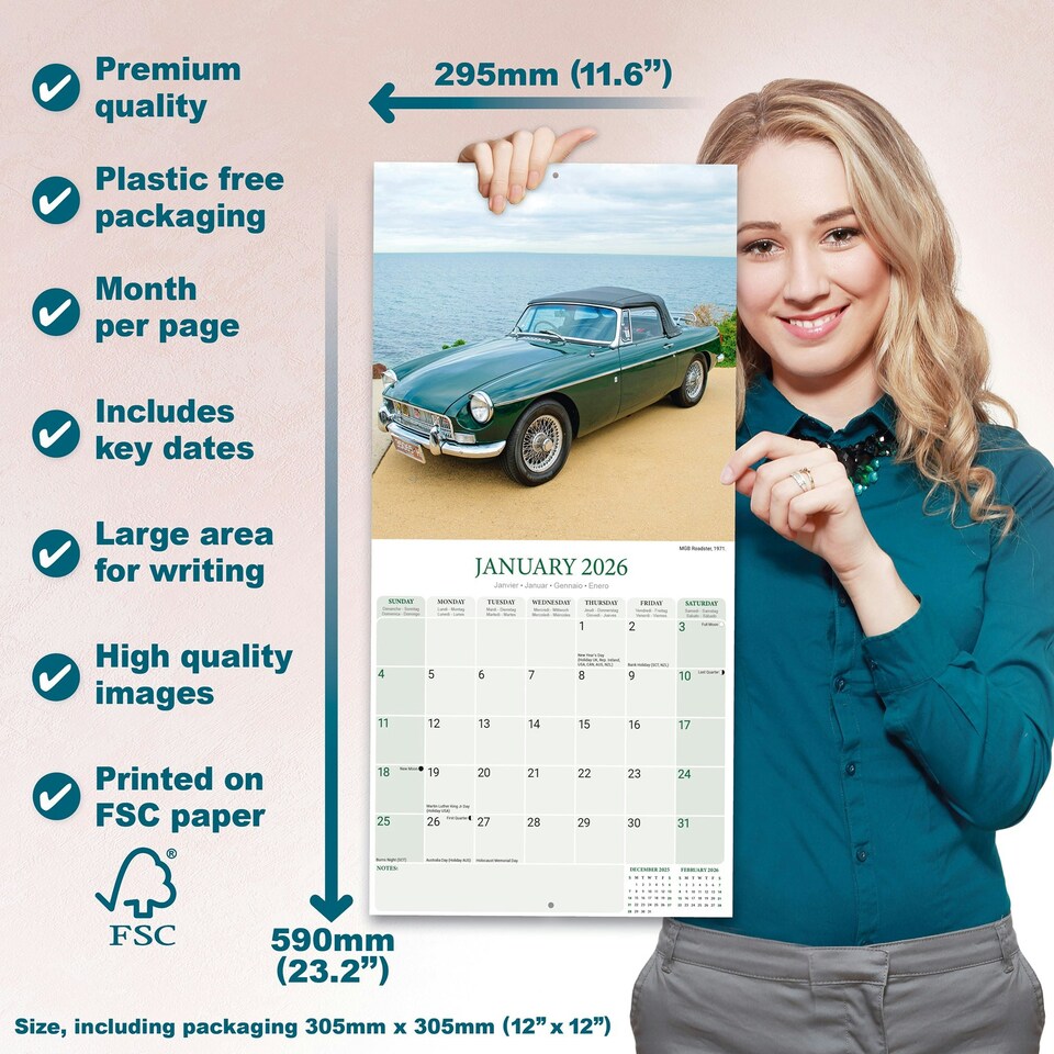 image 1 of MG 2026 Calendar | Square Wall Calendar | Car Enthusiast Gift | Plastic Free Packaging | by Avonside Publishing