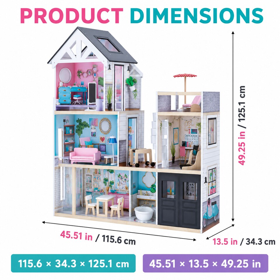 image 1 of Teamson Kids 3-Story Wooden Dollhouse with Accessories, Dreamland Mansion