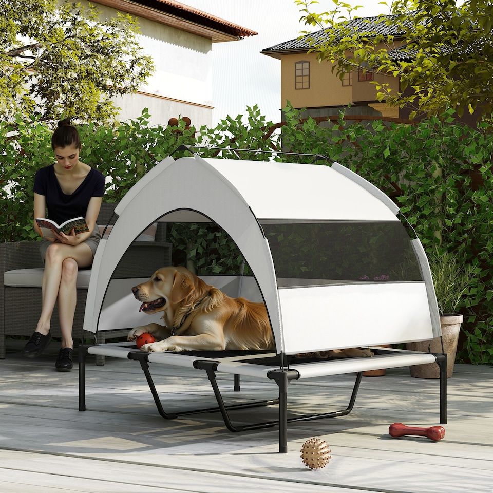 image 1 of PawHut Portable Elevated Dog Bed with Removable Canopy | Grey | Light Grey