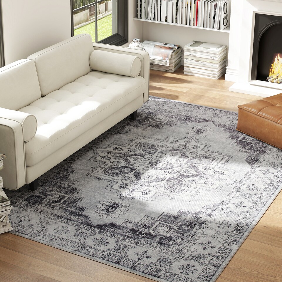 image 1 of HOMCOM Vintage Area Rug, Non-Slip Washable Rug, Flannel Floor Carpet for Living Room, Bedroom, Dining Room, Home Office, 290 x 200 cm, Grey | Grey