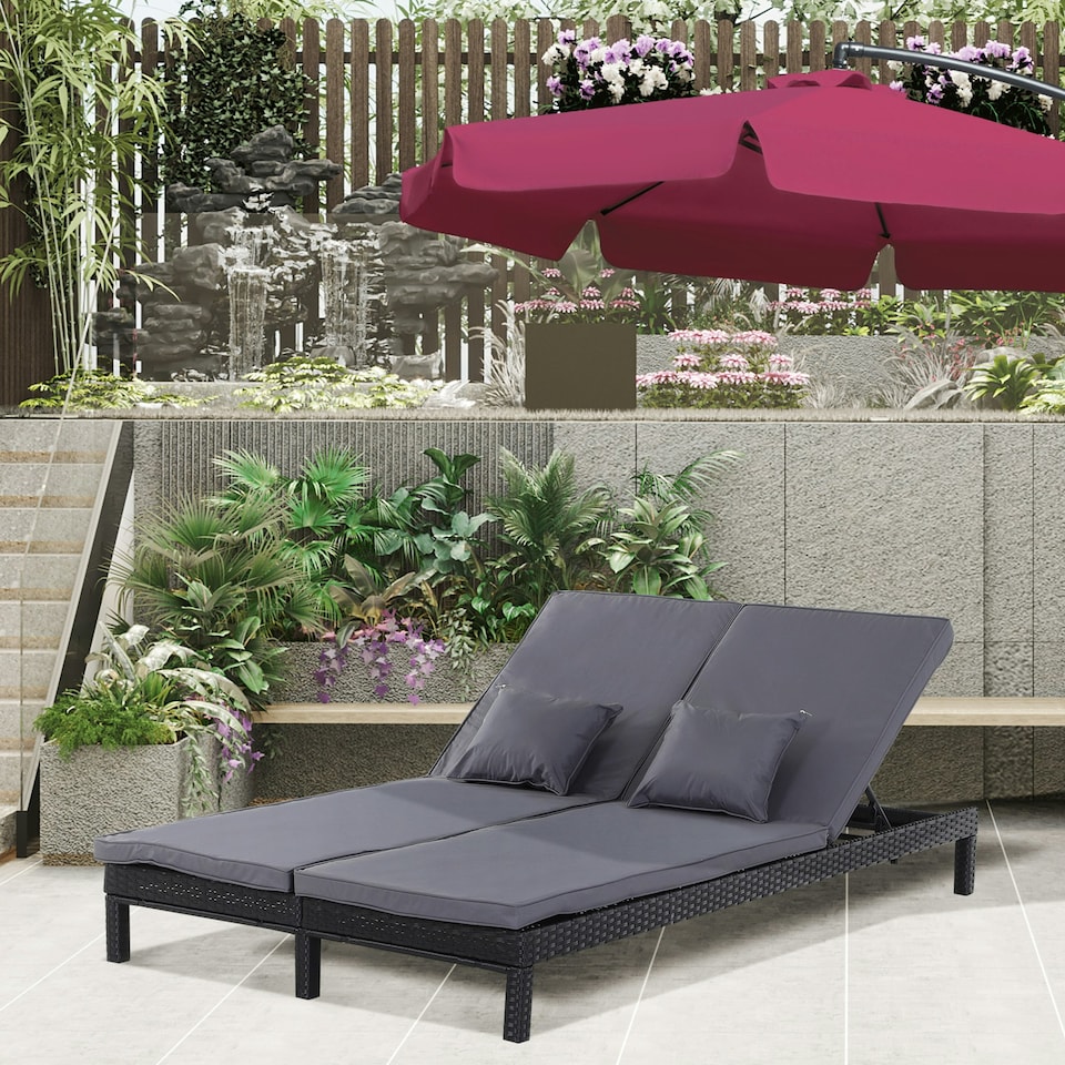 image 1 of Outsunny 2 Person Rattan Lounger Adjustable Double Chaise Chair w/ Cushion Black