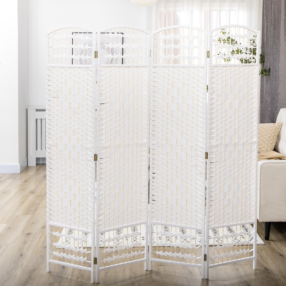 image 1 of HOMCOM 4 Panel Folding Room Divider, Freestanding Privacy Screen, White | White | White