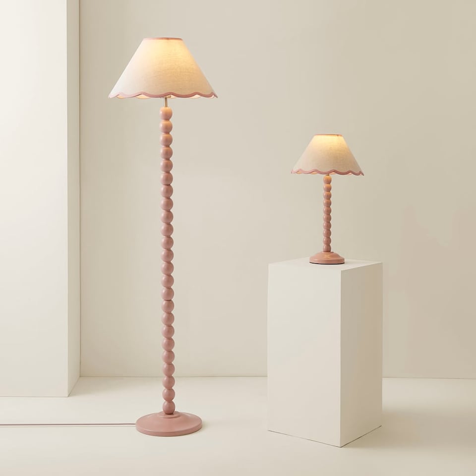 image 1 of ValueLights Bobbles Rose Pink Table Lamp Pink Trim Scallop Shade | Pink