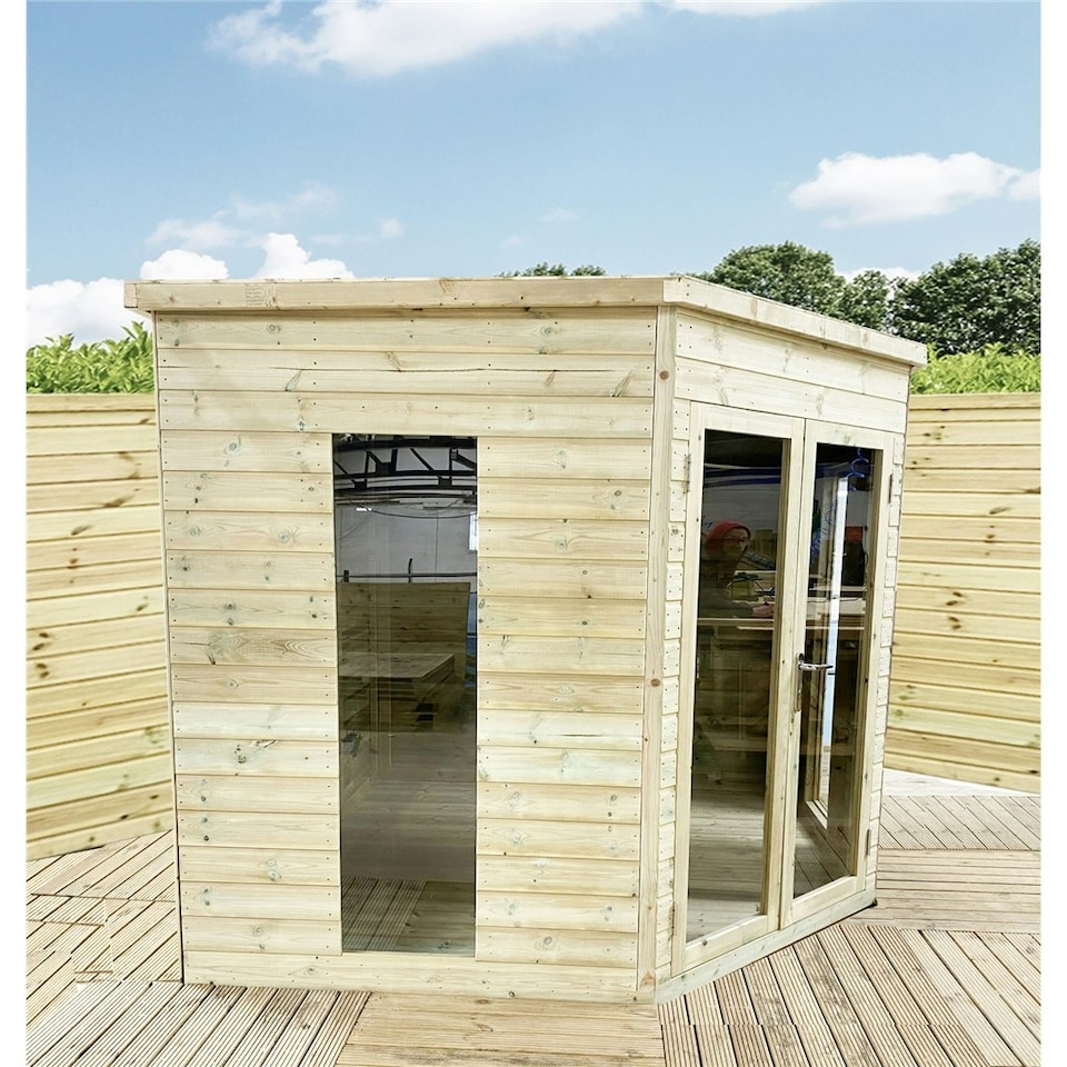 image 1 of 12 x 12 Corner Pressure Treated T&G Pent Summerhouse + Safety Toughened Glass + Euro Lock with Key (12' x 12' /12ft x 12ft) (12x12)