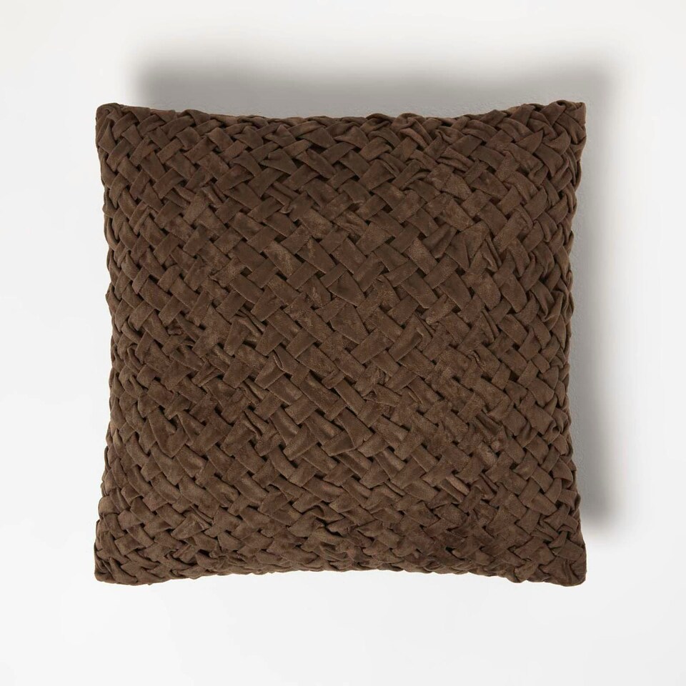image 1 of Homescapes Sofia Pleated Brown Velvet Cushion - 45 x 45 cm Brown