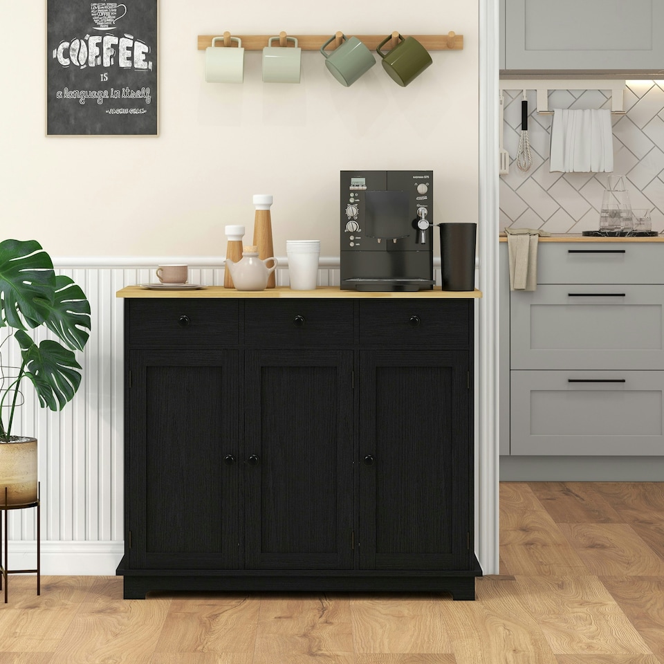 image 1 of HOMCOM Sideboard Buffet Cabinet with Rubber Wood Top and Drawers, Black Black | Rubberwood top