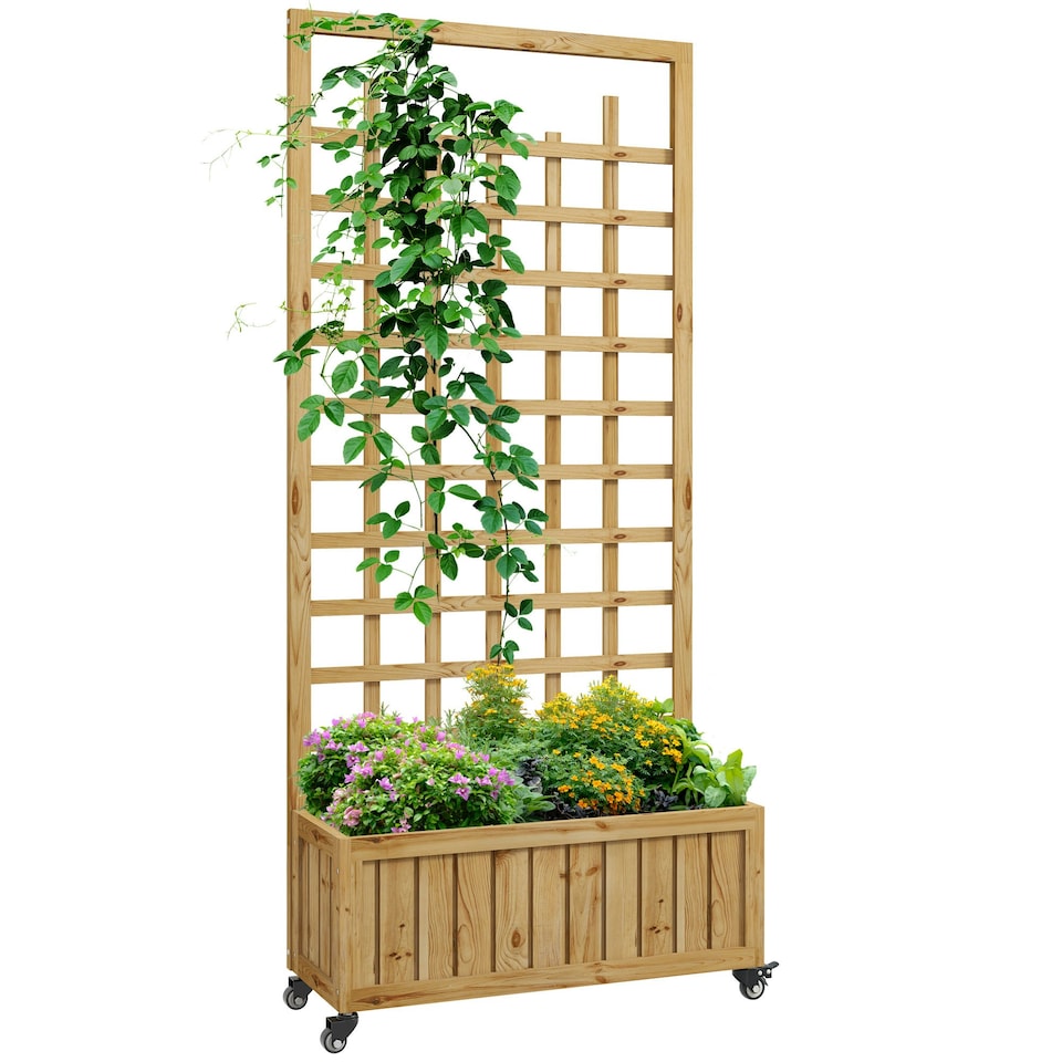 image 1 of Outsunny Wooden Trellis Planter, Raised Garden Bed with Wheels, Natural