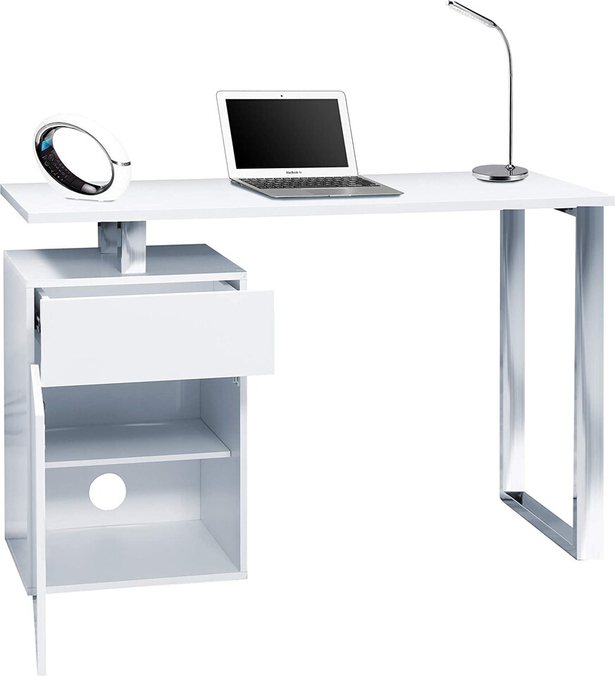 image 1 of Centurion Supports CALISTA Gloss White with Brushed Steel Legs 3-Drawer Contemporary Home Office Computer Desk | White | White | 1