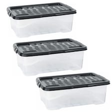 3 x 24 Litre Clear Transparent Base Stackable Curve Plastic Storage Boxes With Black Lids Clear