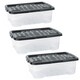 image 1 of 3 x 24 Litre Clear Transparent Base Stackable Curve Plastic Storage Boxes With Black Lids Clear