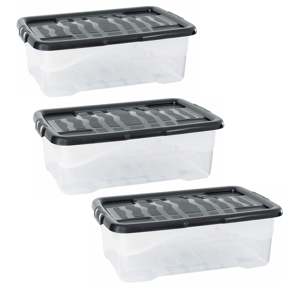image 1 of 3 x 24 Litre Clear Transparent Base Stackable Curve Plastic Storage Boxes With Black Lids Clear