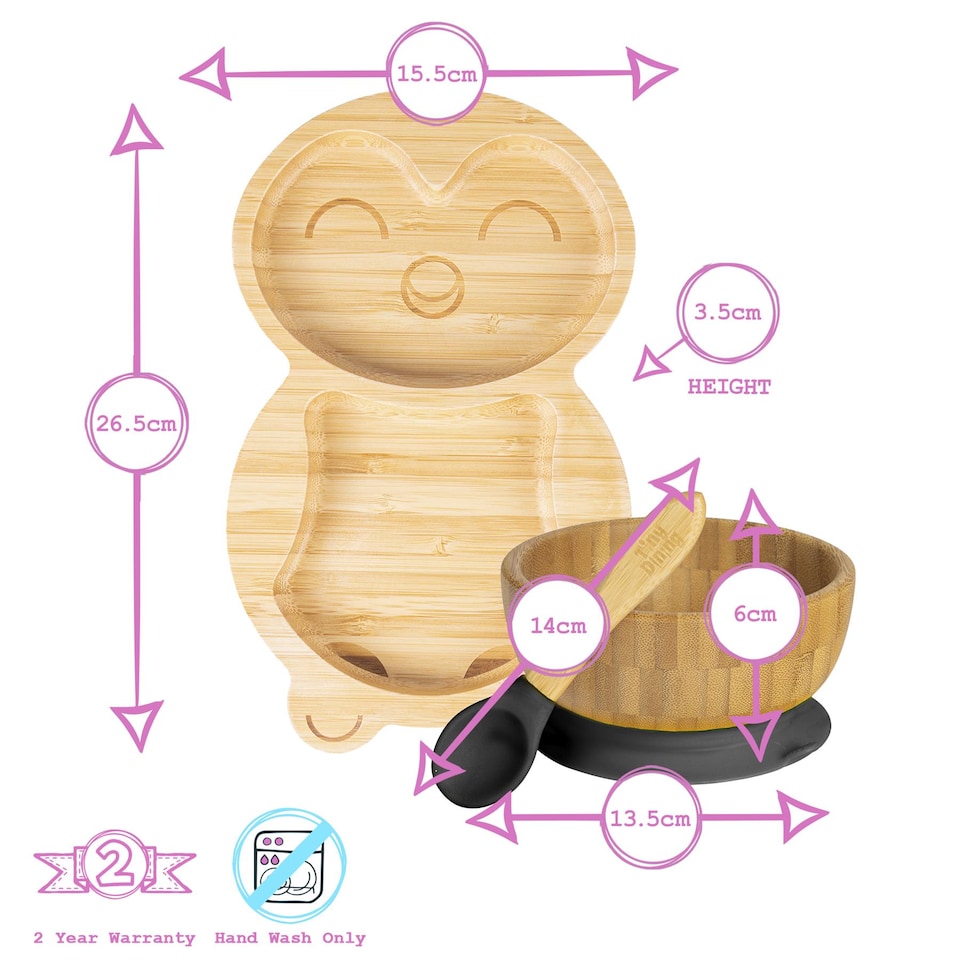 image 1 of Tiny Dining 4pc Bamboo Suction Feeding Set - Penguin/Black - Divided Non-Slip Bamboo Baby Self-Feeding Dining Weaning Set