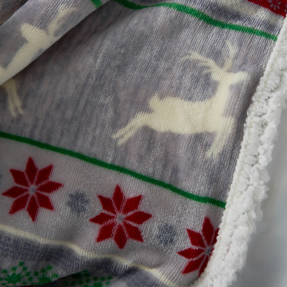 image 1 of BHS Christmas Stag Stripe Throw with Sherpa, Red & Green Grey | Grey