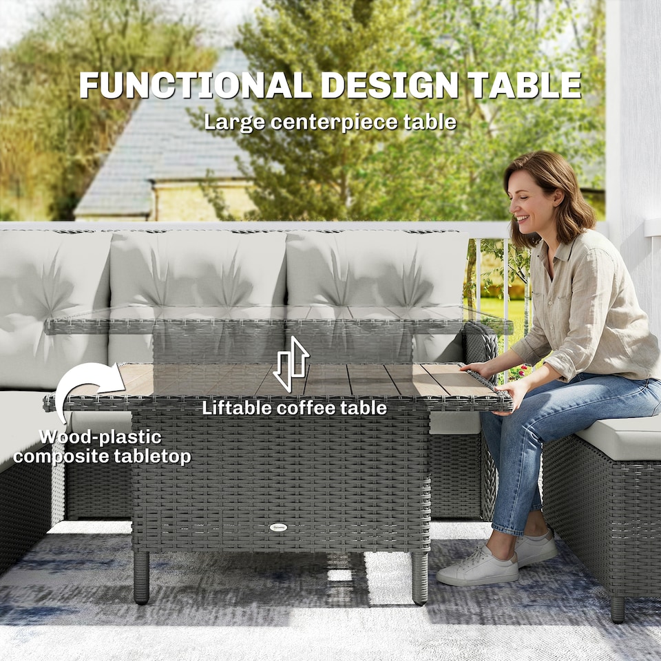 image 1 of Outsunny 6 PCs Rattan Garden Furniture Sectional Corner Sofa, Dark Grey | Grey | Dark Grey | Five Plus Seater