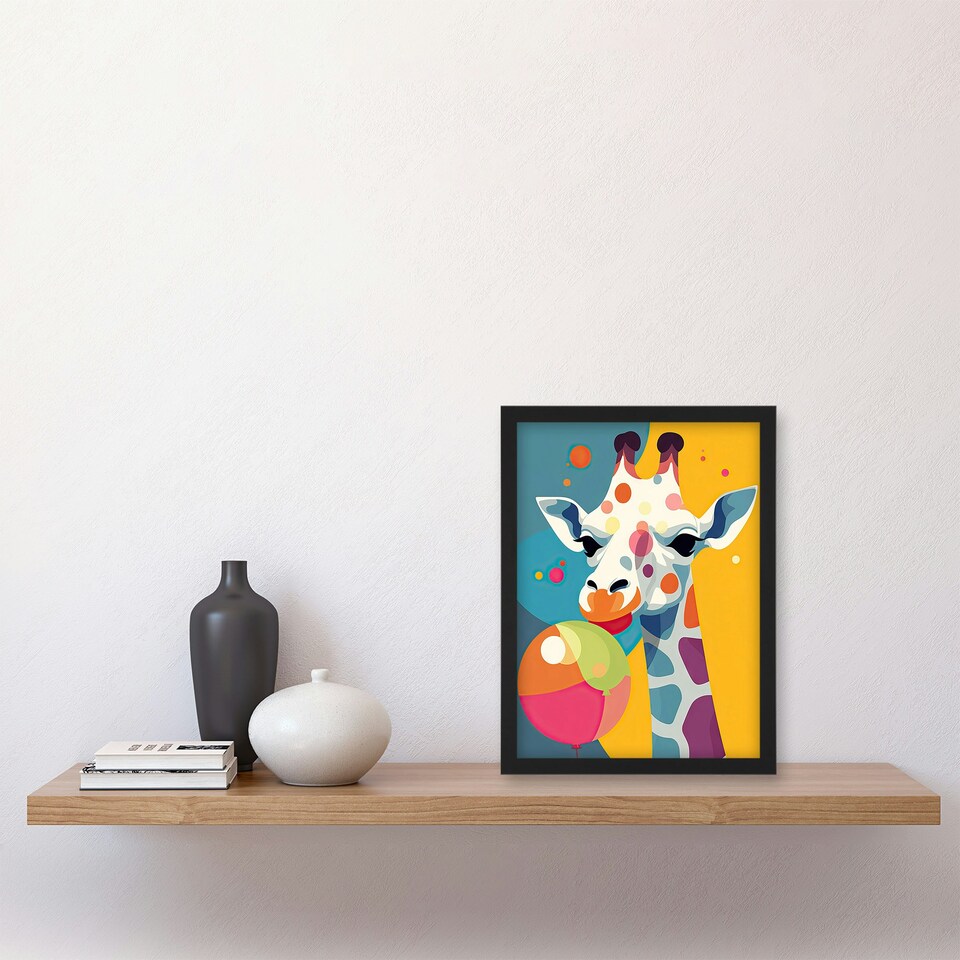 image 1 of Giraffe Colourful Balloon Graphic Zoo Animal Kids Bedroom Black Framed Wall Art Print A4
