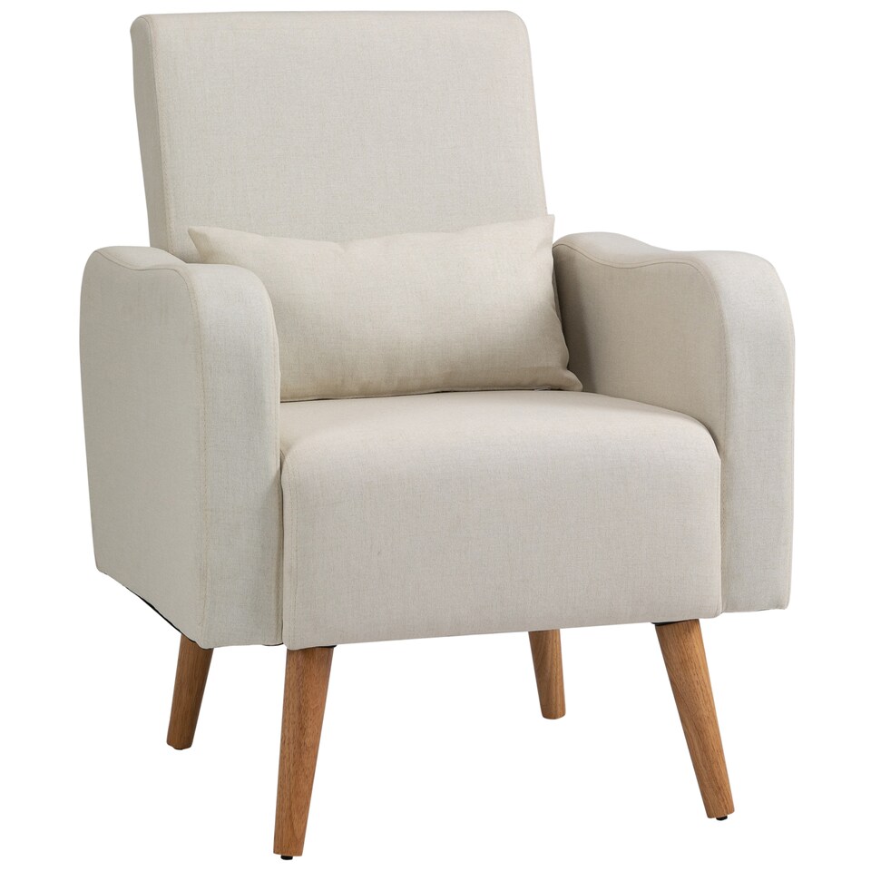 image 1 of HOMCOM Accent Chair, Linen-Touch Armchair with Pillow, Upholstered Leisure Lounge Sofa for Living Room, Club Chair with Rubber Wooden Frame, Cream