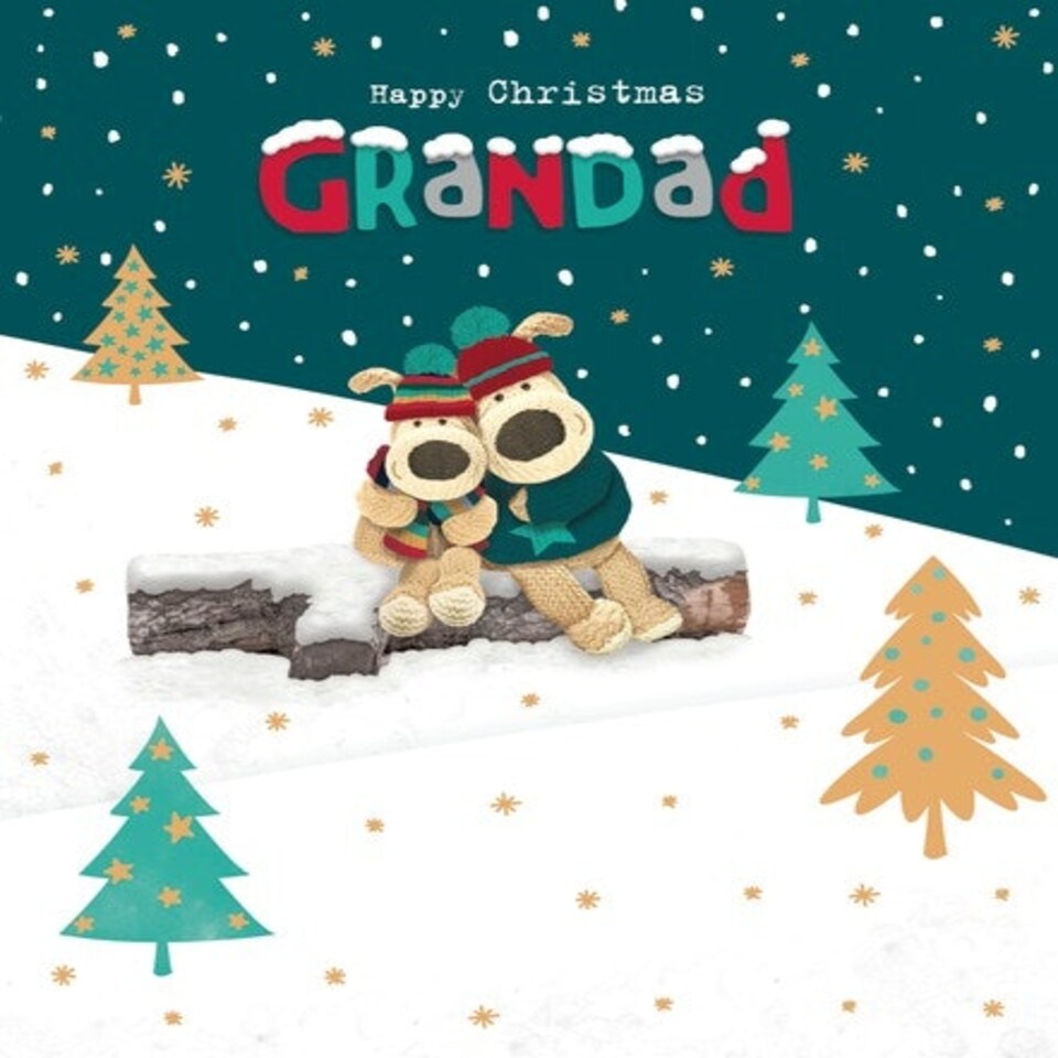image 1 of Boofles Sitting on Log Grandad Christmas Card