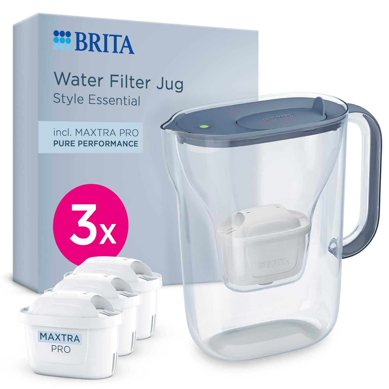 BRITA Water Filter Jug Style Essential (2.4L) Stone Blue incl. 3x MAXTRA PRO Pure Performance Cartridges