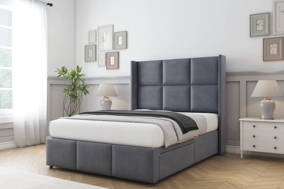 image 1 of Sloomy Beaumont Steel Plush Divan Bed With Mattress 2 Drawers Footend With 54" Wingback Headboard & 12" Matching Footboard 4'6 Double | Grey | Steel | Double | 1