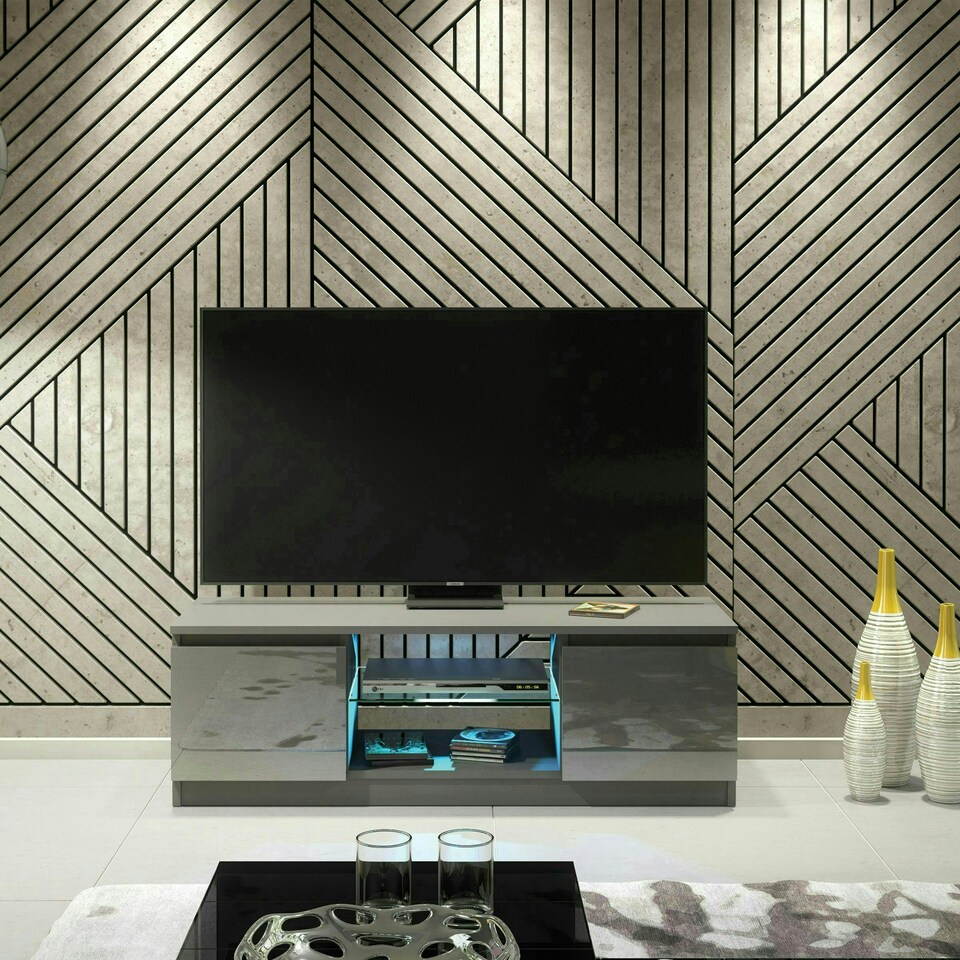 image 1 of TV Unit 120cm Grey Gloss Doors Grey Matt Body Glass Shelf Free LED | Grey | One Size | 1