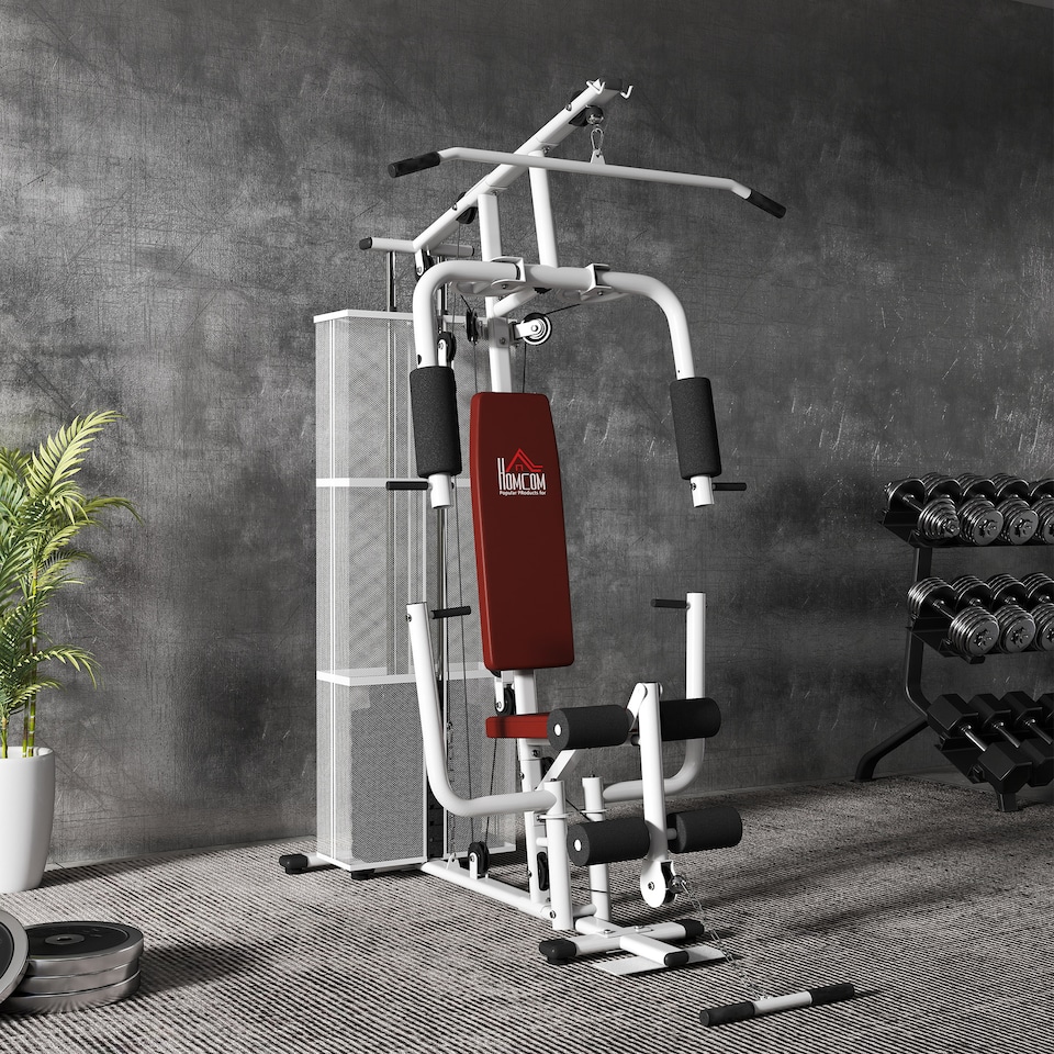 image 1 of HOMCOM Multifunction Home Gym Weight Training Station Machine White