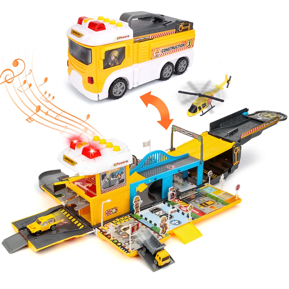 image 1 of Construction Play Set with Heavy Lifting Helicopter, Construction Station & 22 Accessories With Realistic Lights, Sounds & Music