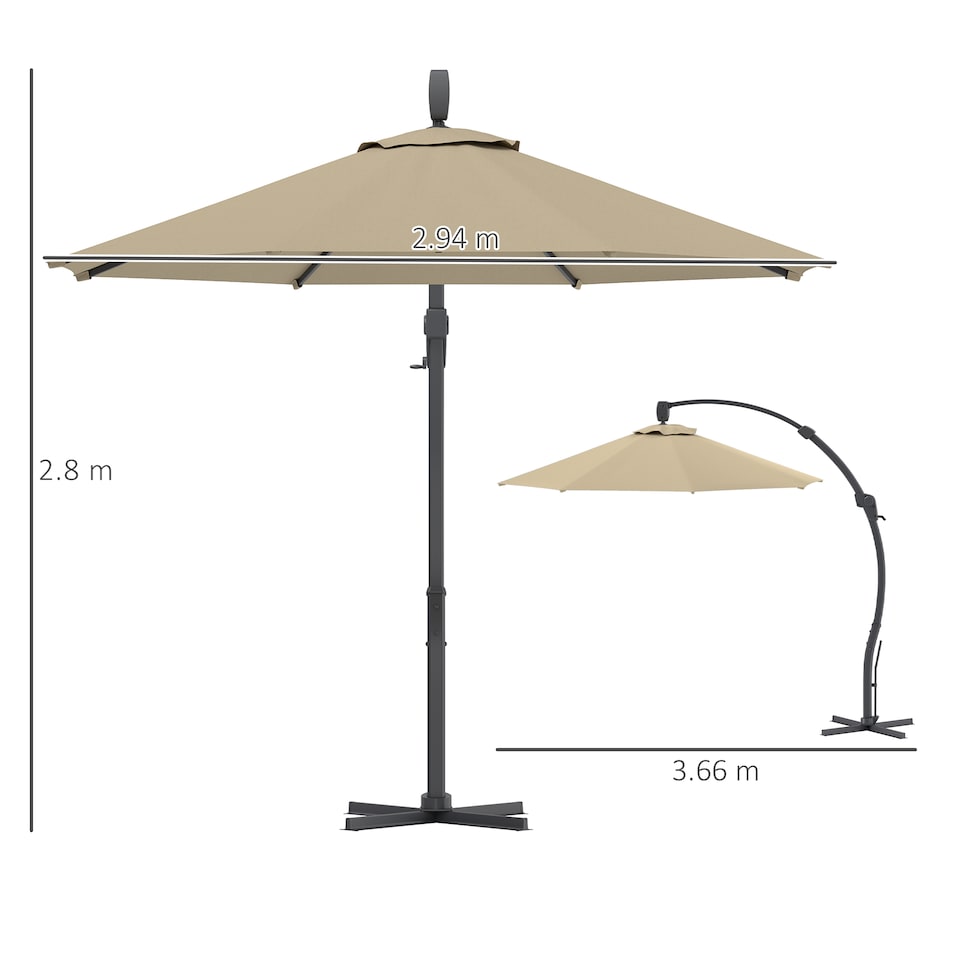 image 1 of Outsunny 3m Garden Cantilever Parasol, Round Overhanging Umbrella with Crank Handle, Cross Base, Aluminium Frame and 360 Rotation, Banana Patio Umbrella for Outdoor Sun Shade, Khaki | Brown